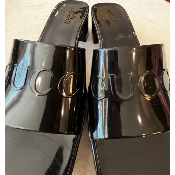 Gucci Nero Platform Black Glossy Rubber Slip On Slides Sandals Heels Size 7 37 - Picture 10 of 13